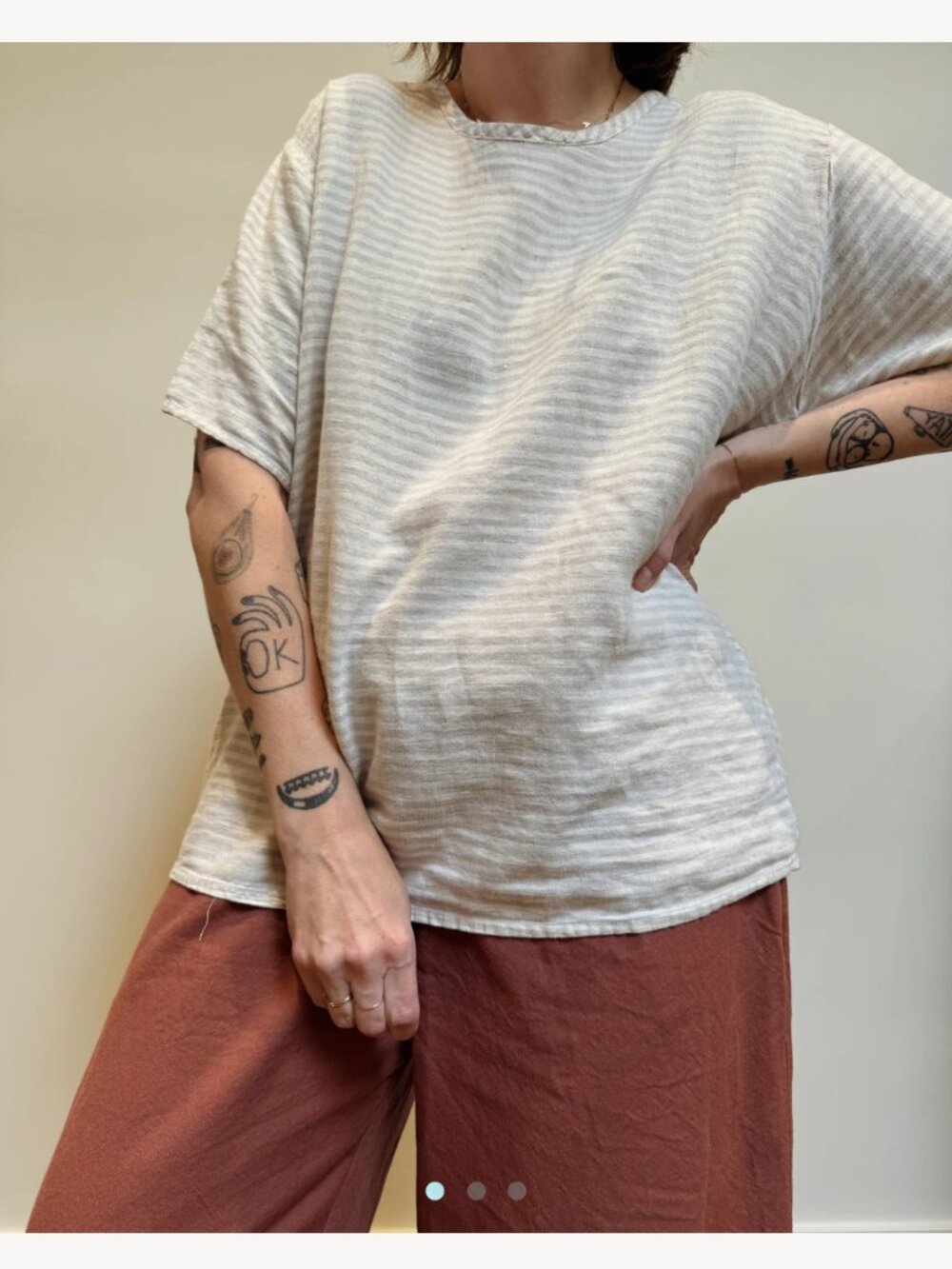 Flax oversized Stripe Tee - small - cream and green - 100% linen